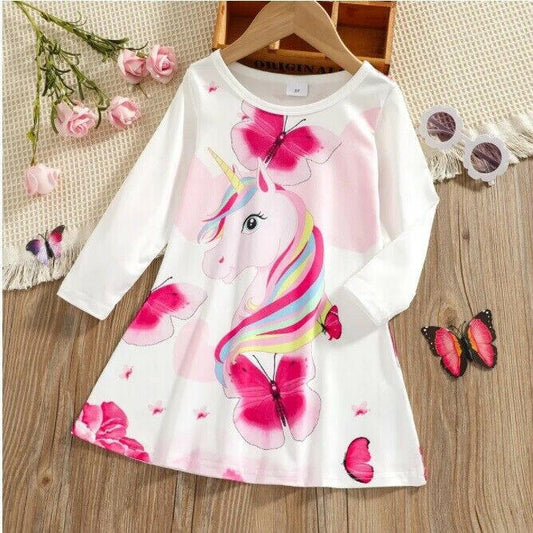 girls dress pink unicorn & butterfly long sleeve dress size 18-24m / 3-4 years - MARIGOLD 