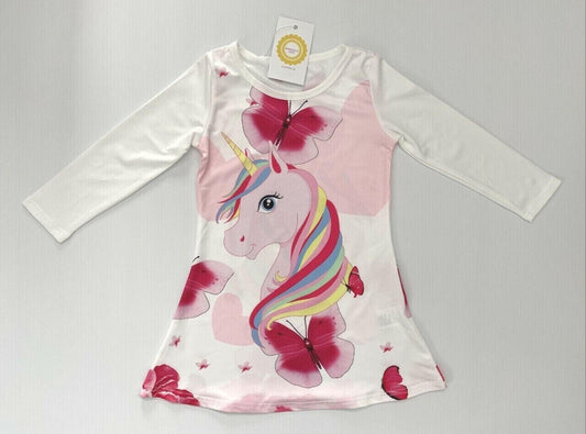girls dress size 18-24m/3y/4y/5y pink unicorn and butterfly long sleeve dress - MARIGOLD 