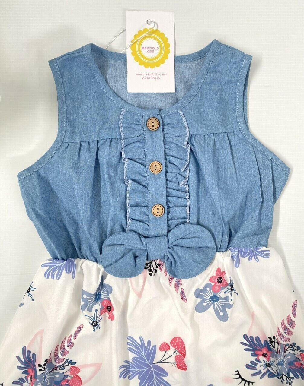 Girls dress strawberry unicorn blue chambray dress - MARIGOLD 