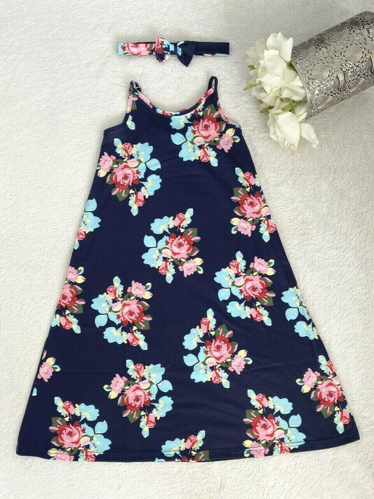 Girls Pink Floral Print Navy Blue Dress & Bow Headband Set - MARIGOLD 