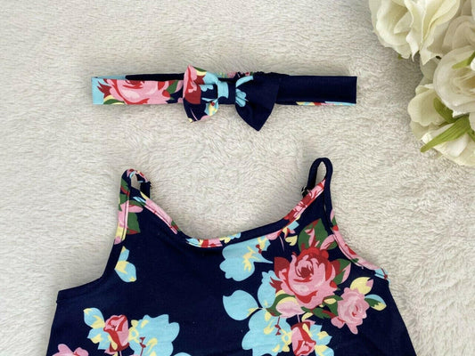 Girls Pink Floral Print Navy Blue Dress & Bow Headband Set - MARIGOLD 