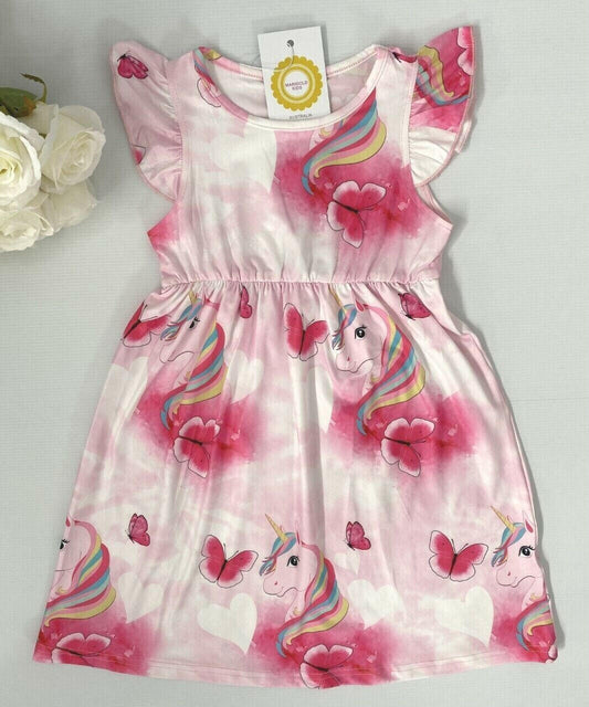 Pink unicorn butterfly flutter sleeve dress - MARIGOLD 