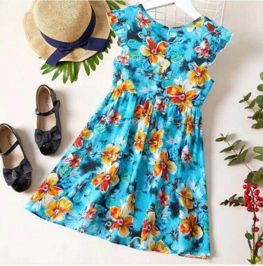 size 4/5/6/7/8/9/10/11 years new girls dress acqua blue tropical floral dress - MARIGOLD 
