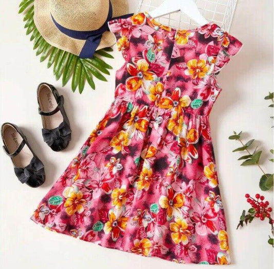 size 4/5/7/8/9/10/11 years new pink tropical floral flutter sleeve girls dress - MARIGOLD 