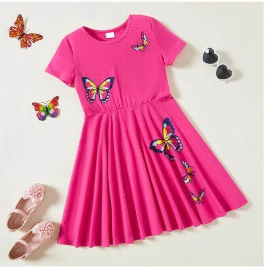size 4-5 years new girls dress hot pink butterfly short sleeve dress -1 Left ! - MARIGOLD 