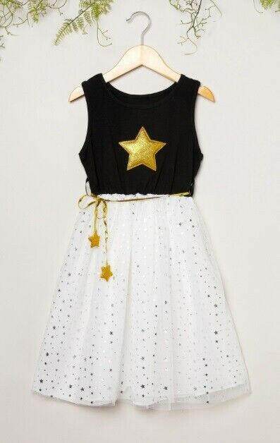 Size 4-5y to 8-9y New Girls Dress Gold Sparkle Star Black Tulle Girls Dress - MARIGOLD 