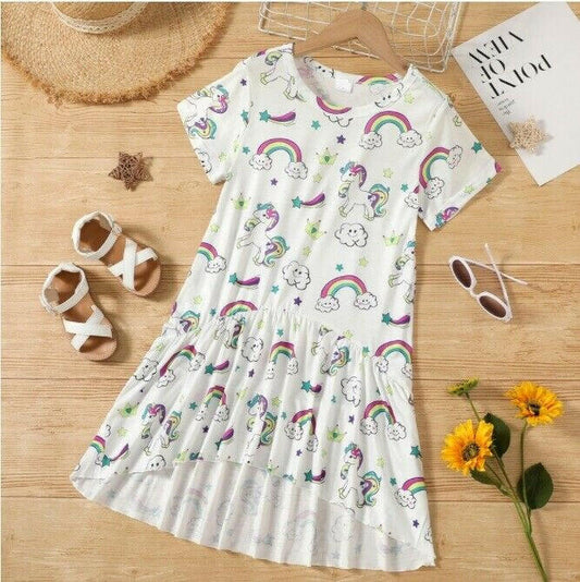 Unicorn and Rainbow Print Girls Dress – White - MARIGOLD 