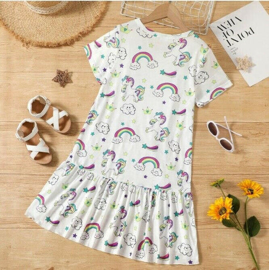 Unicorn and Rainbow Print Girls Dress – White - MARIGOLD 