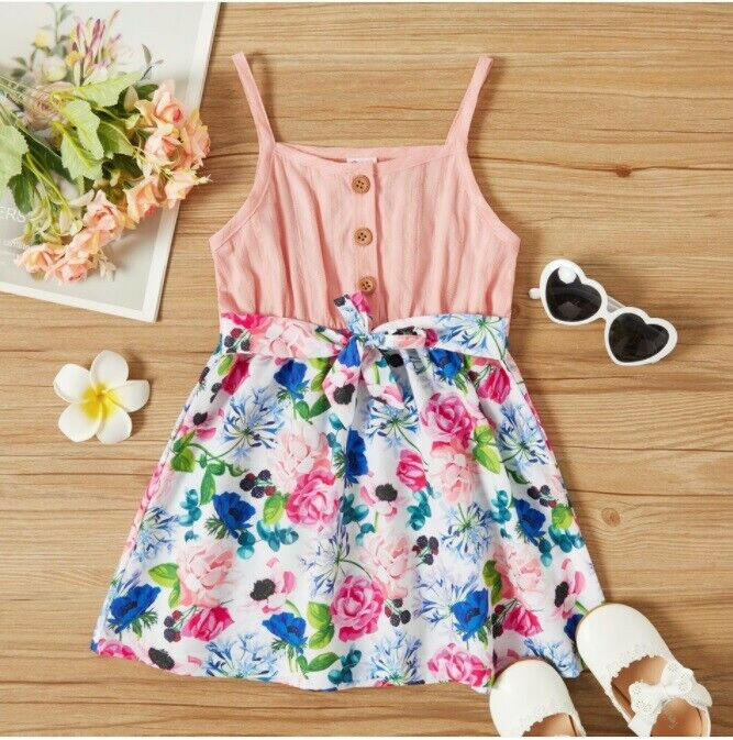 Pink and Floral Print Belted Tank Dress - MARIGOLD 