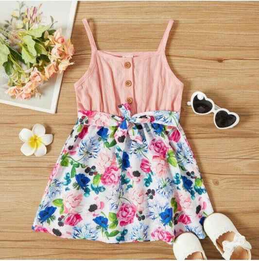 Pink and Floral Print Belted Tank Dress - MARIGOLD 