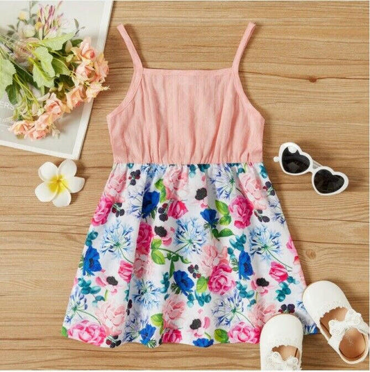 Pink and Floral Print Belted Tank Dress - MARIGOLD 