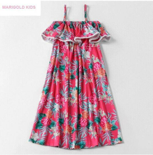 size 6-7 years girls dress pink hibiscus floral flounce maxi dress- 1 Left - MARIGOLD 