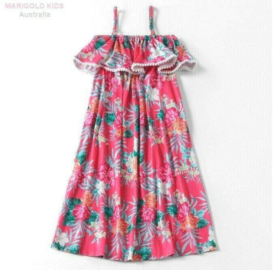 size 6-7 years girls dress pink hibiscus floral flounce maxi dress- 1 Left - MARIGOLD 