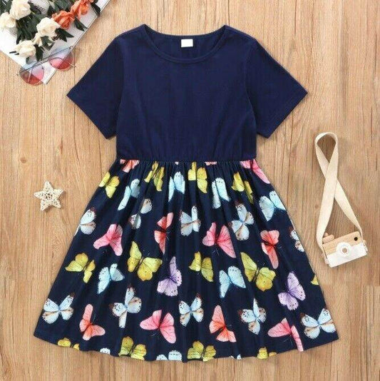 Girls' Dark Blue Butterfly Print Dress - MARIGOLD 