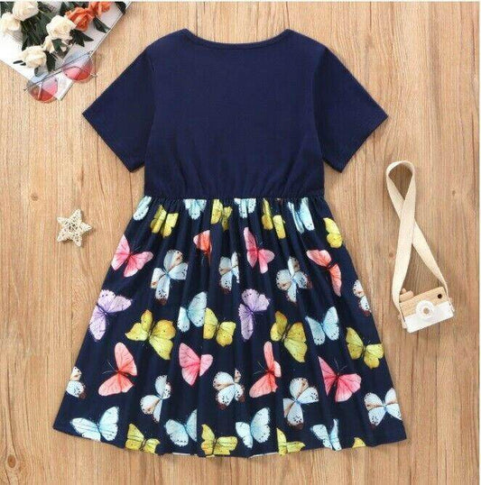 Girls' Dark Blue Butterfly Print Dress - MARIGOLD 