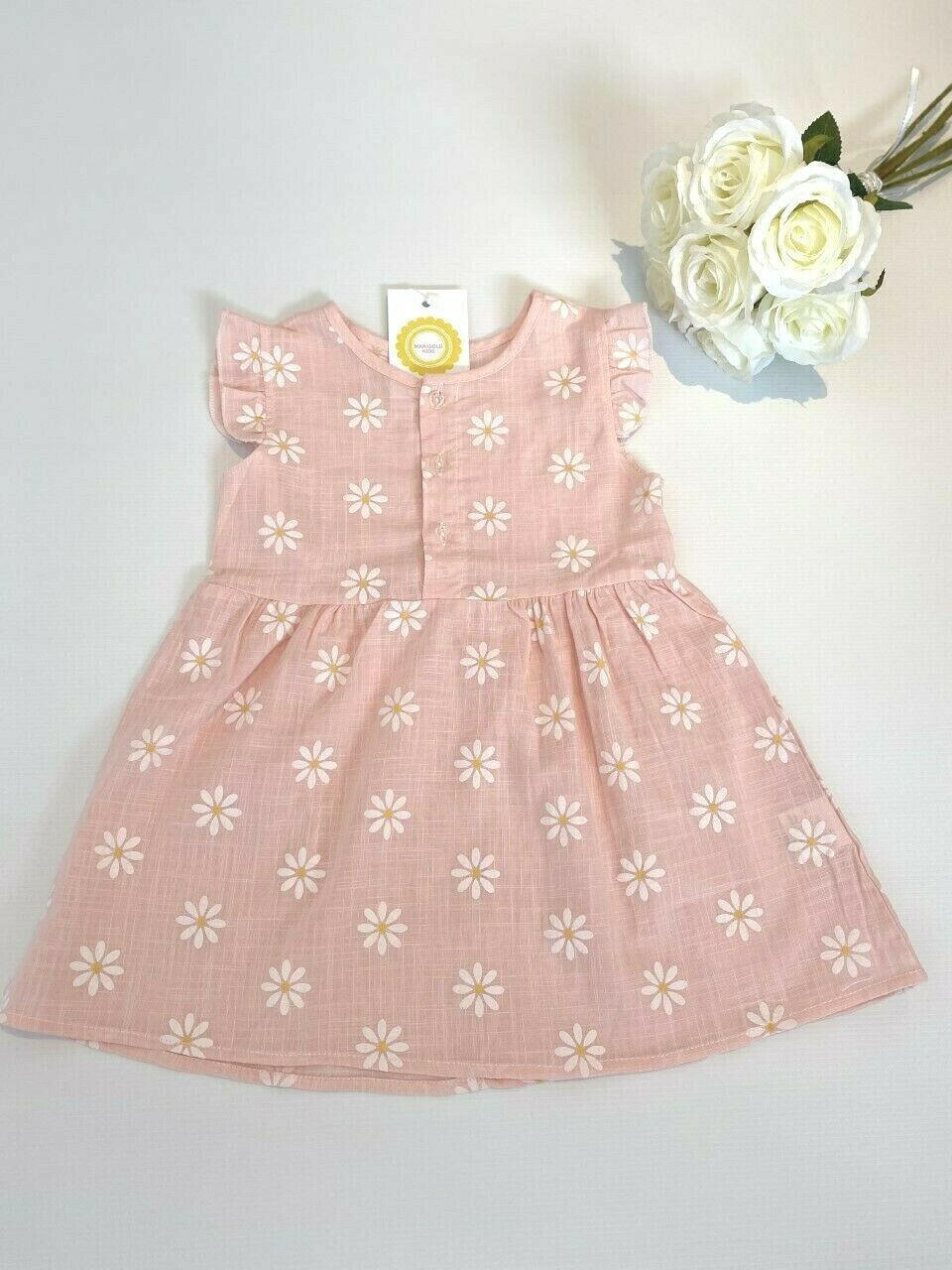 Baby Girls Dress Light Pink Daisy Flutter Sleeve Baby Girls Dress - MARIGOLD 