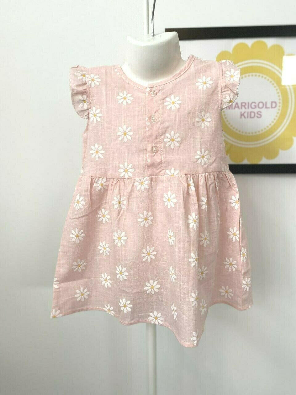 Baby Girls Dress Light Pink Daisy Flutter Sleeve Baby Girls Dress - MARIGOLD 
