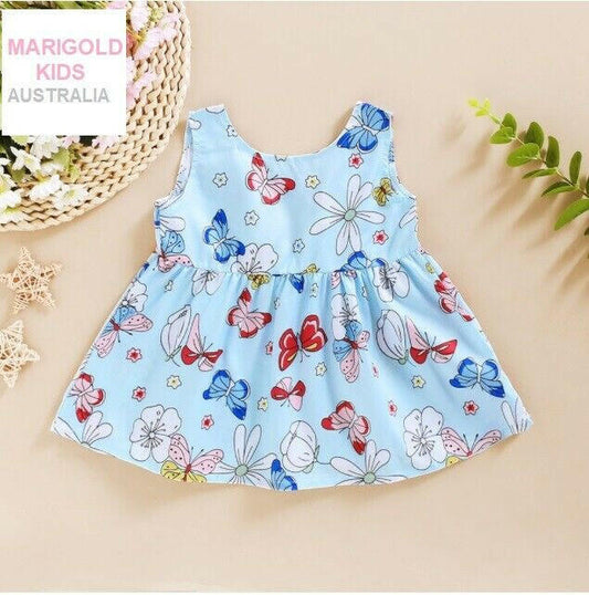 Baby Girls Sky Blue Butterfly Print Dress - MARIGOLD 