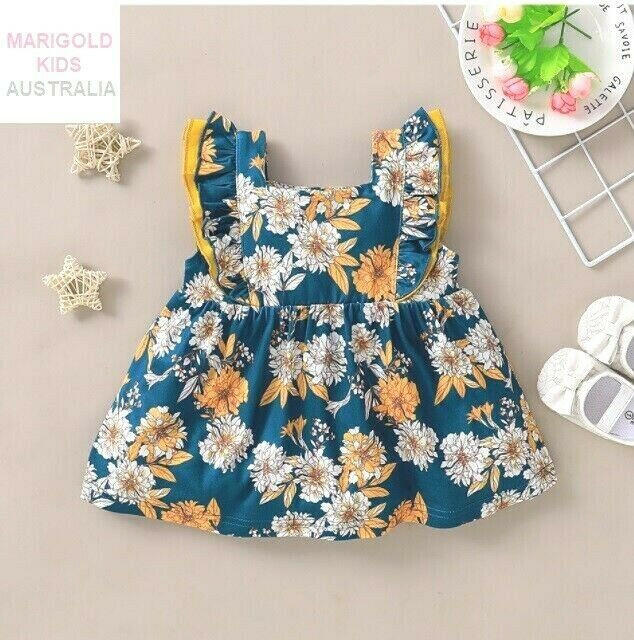 baby toddler girls dress size 6-9m to 3y teal blue & yellow floral flounce dress - MARIGOLD 
