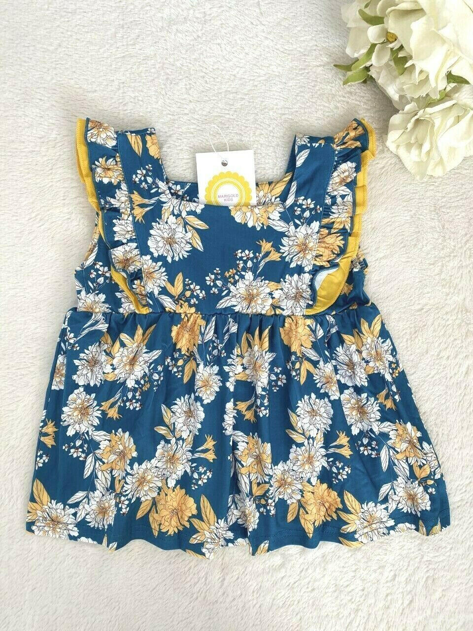 baby toddler girls dress size 6-9m to 3y teal blue & yellow floral flounce dress - MARIGOLD 