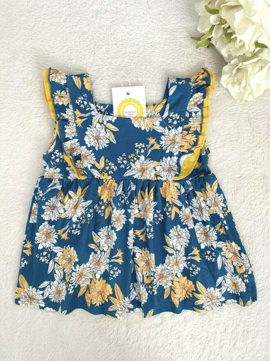 baby toddler girls dress size 6-9m to 3y teal blue & yellow floral flounce dress - MARIGOLD 