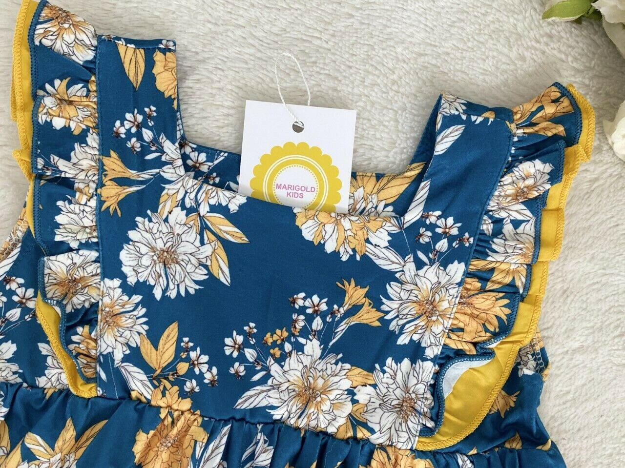 baby toddler girls dress size 6-9m to 3y teal blue & yellow floral flounce dress - MARIGOLD 