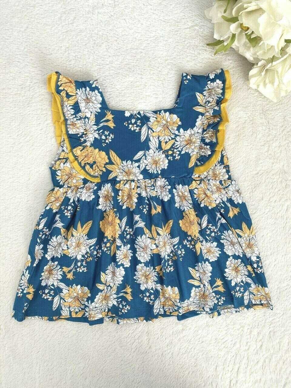 baby toddler girls dress size 6-9m to 3y teal blue & yellow floral flounce dress - MARIGOLD 