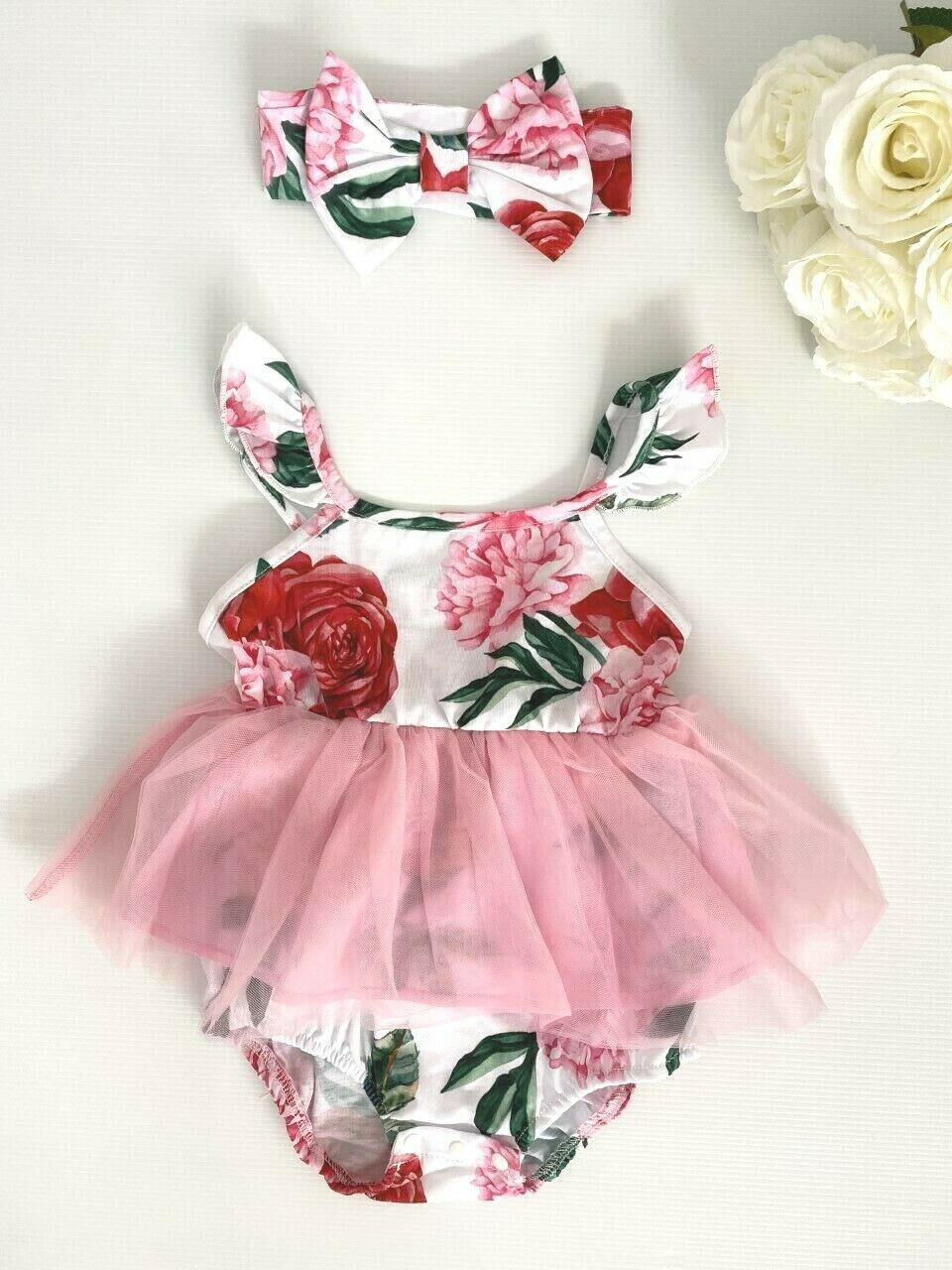 Girls Dress Toddler Size 12-18 months pink floral tutu dress & headband set - MARIGOLD 
