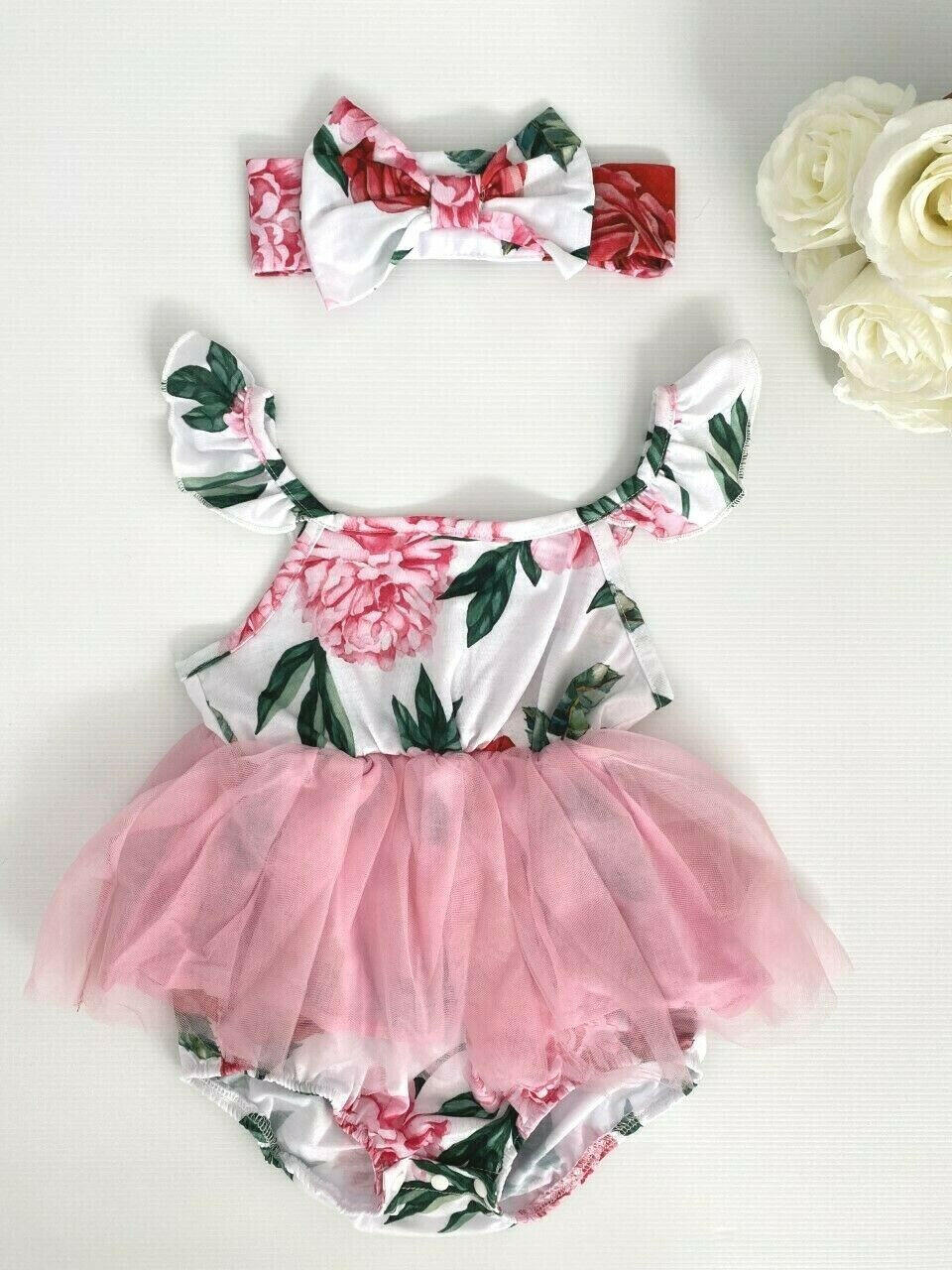 Girls Dress Toddler Size 12-18 months pink floral tutu dress & headband set - MARIGOLD 