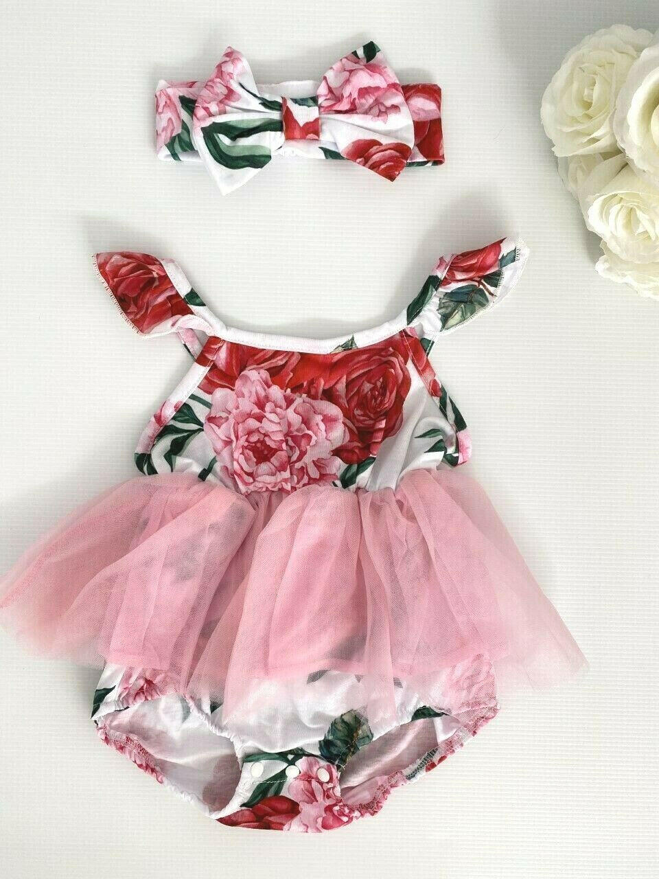 Girls Dress Toddler Size 12-18 months pink floral tutu dress & headband set - MARIGOLD 
