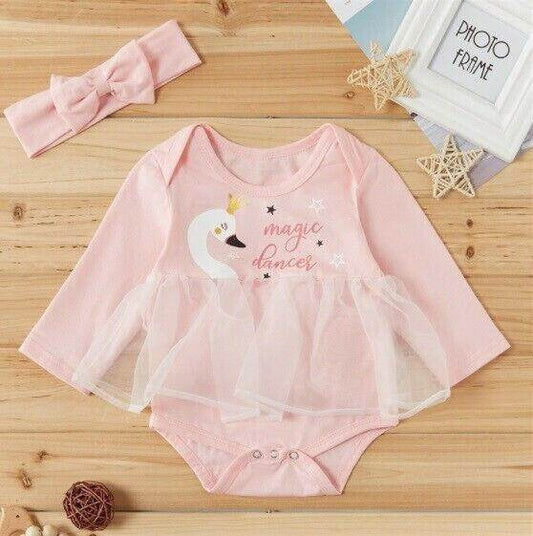size 0-3m to 6-9m new baby girls outfit swan princess tulle dress & headband set - MARIGOLD 