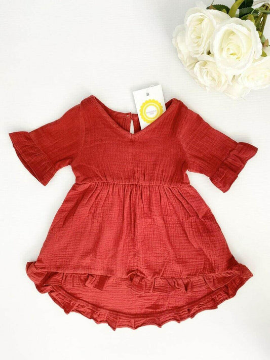 size 3-6m to 12-18 months baby toddler dress 100% cotton red boho ruffle dress - MARIGOLD 