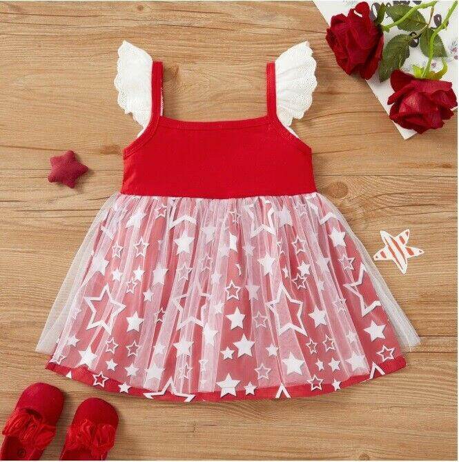 Size 6-9m to 18-24 months baby toddler girls dress red white star tulle dress - MARIGOLD 