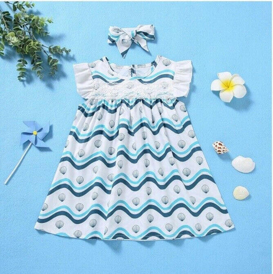 Size 6-9m to 18-24 months blue & white seashells waves baby dress & headband set - MARIGOLD 