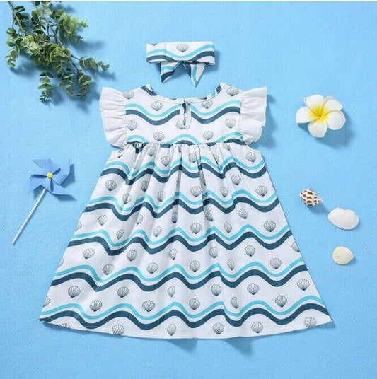Size 6-9m to 18-24 months blue & white seashells waves baby dress & headband set - MARIGOLD 