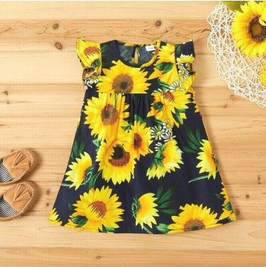 size 6-9m to 3 years 100% cotton sunflower dark blue girls dress - Select Size - MARIGOLD 