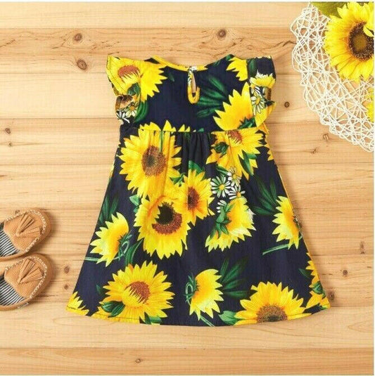 size 6-9m to 3 years 100% cotton sunflower dark blue girls dress - Select Size - MARIGOLD 