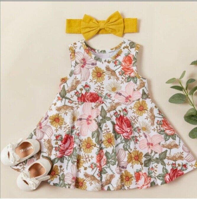 baby girls dress floral baby dress and yellow headband set - MARIGOLD 
