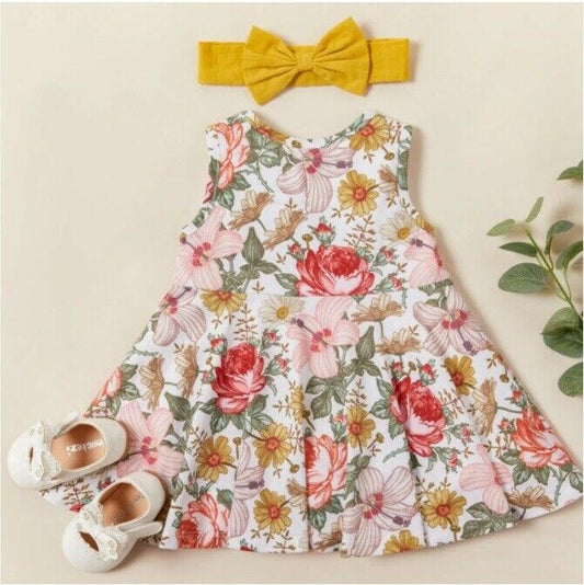 baby girls dress floral baby dress and yellow headband set - MARIGOLD 
