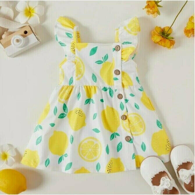 baby girls dress new yellow lemon flutter sleeve button baby girls dress - MARIGOLD 
