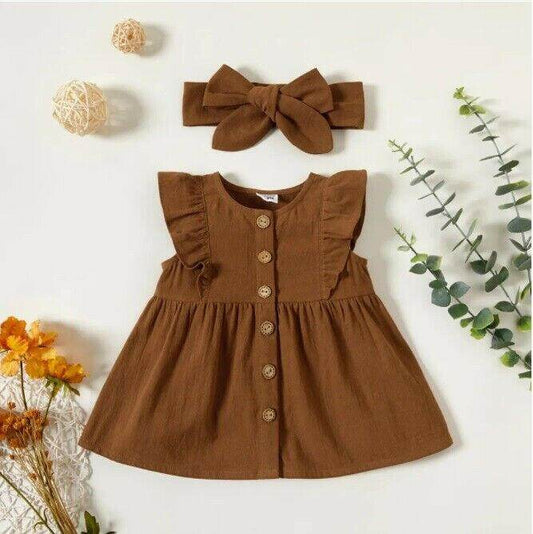 size 3-6m/6-9m/9-12m/18-24m cocoa brown button front baby dress & headband set - MARIGOLD 
