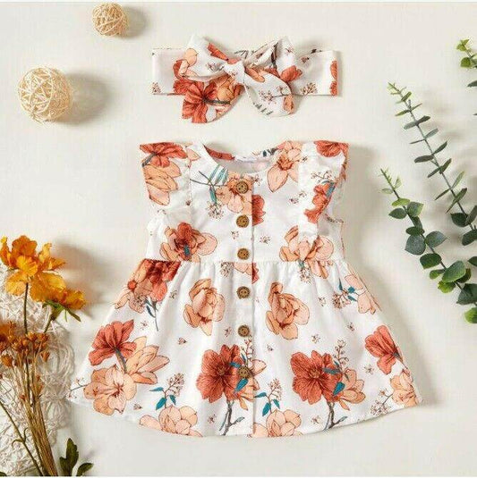 size 3-6m to 12-18m new baby girls dress coral orange floral dress & headband - MARIGOLD 