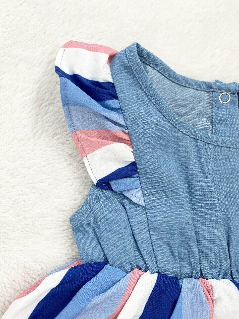 Baby Girls Dress Size 6-9 months Blue and Pink Striped Chambray Baby Dress - MARIGOLD 
