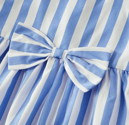 Baby girls dress size 6-9 months new blue & white stripe bow front baby dress - MARIGOLD 