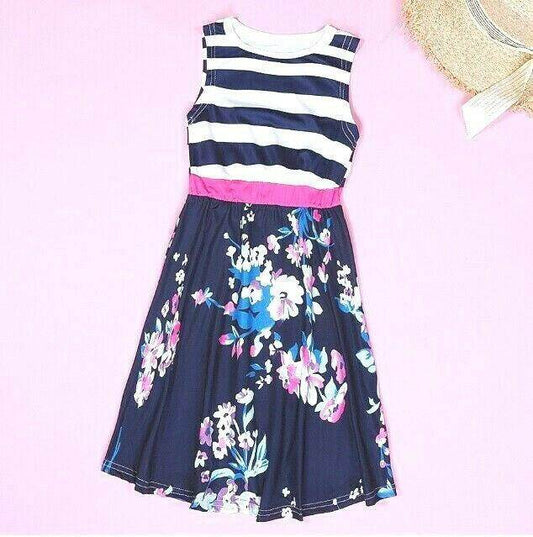 Girls Dress Size 4-5 Years New Navy Blue Stripe Bodice Floral Girls Dress - MARIGOLD 