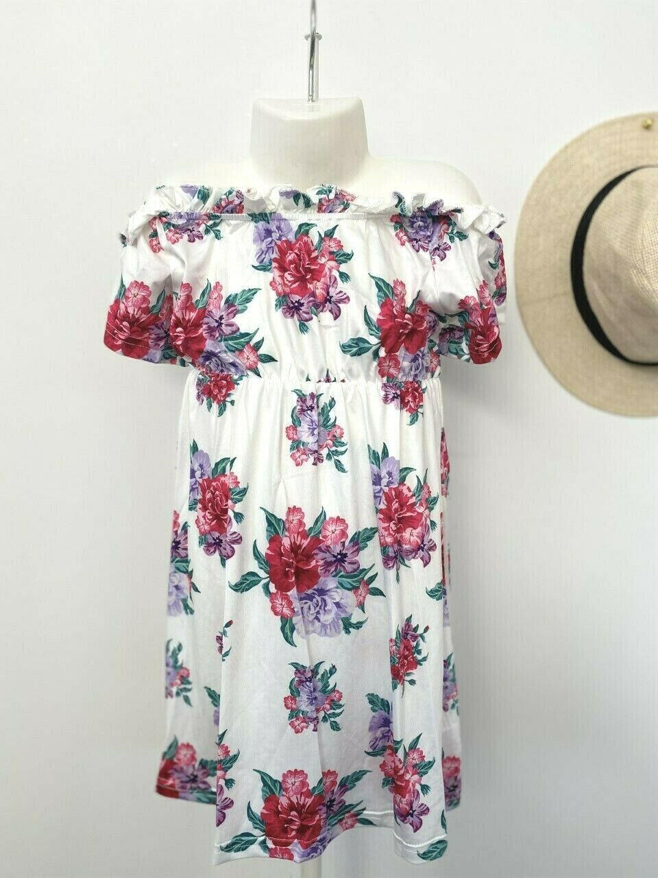 NEW Size 3-4 Years Girls Dress Pretty White Floral Off The Shoulder Girls Dress - MARIGOLD 