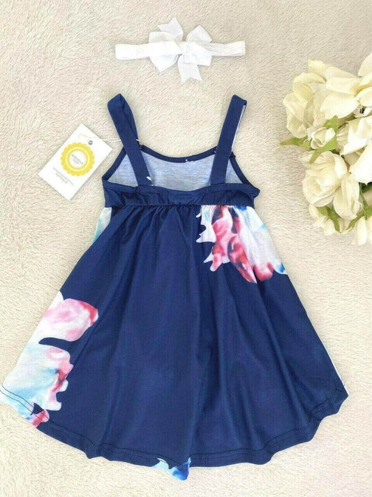 NEW Size 3-6 months Baby Girls Dress Navy Floral High Low Baby Dress & Headband - MARIGOLD 