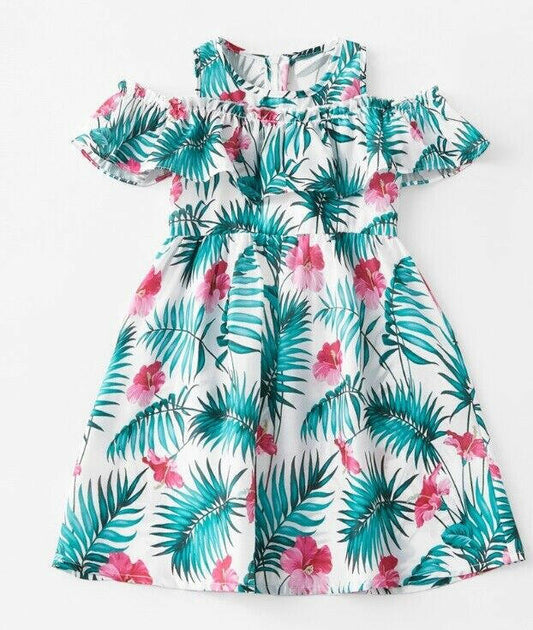 NEW Size 5-6 Years Girls Dress Green Tropical Palm & Pink Hibiscus Floral Dress - MARIGOLD 
