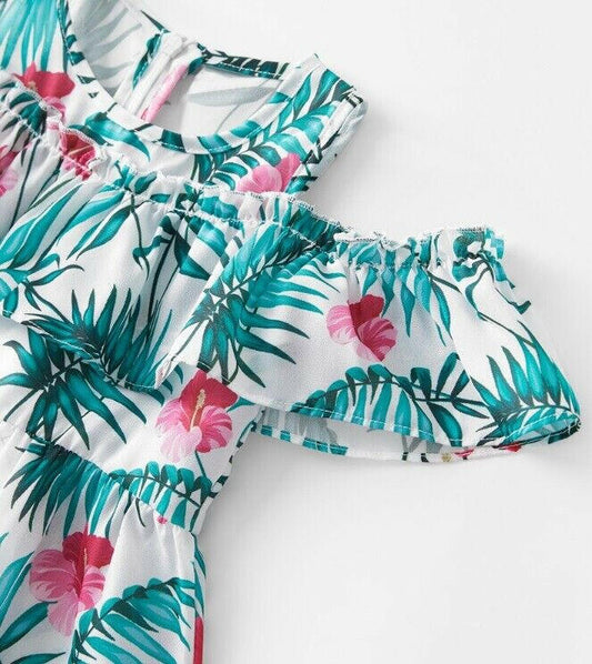 NEW Size 5-6 Years Girls Dress Green Tropical Palm & Pink Hibiscus Floral Dress - MARIGOLD 