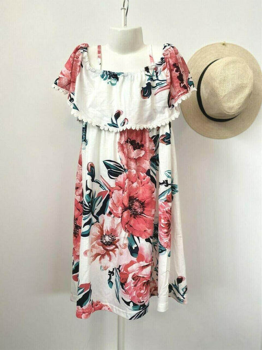 NEW Size 6-7 Years Girls Dress Pink Floral White Flounce Dress & Headband Set - MARIGOLD 